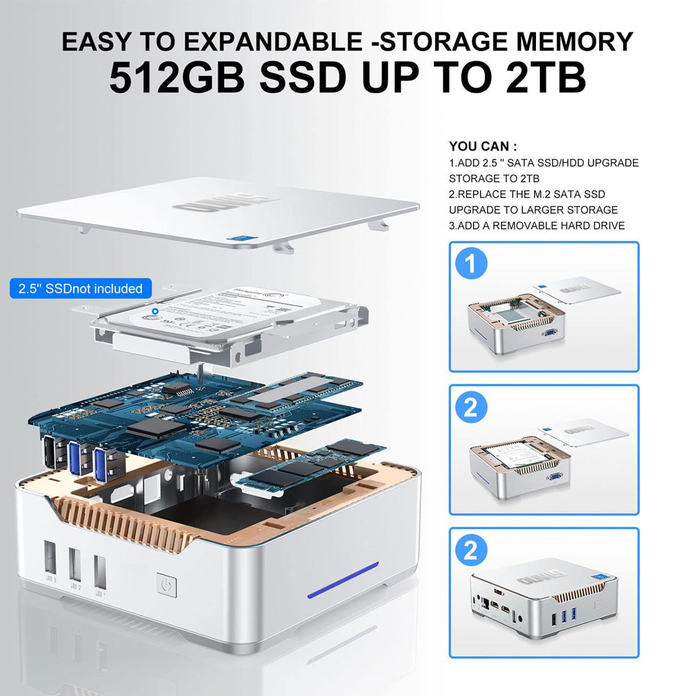 (2024 Upgraded Version) OUVIS GK3 Plus Mini PC, Intel Alder Lake N-95 Quad Core up to 3.4GHz, 16GB DDR4 RAM 512GB SSD, 2xHDMI VGA 4K@60Hz Triple Display, 2xUSB2.0 2xUSB3.0 1000Mbps LAN, 2.4/5GHz WiFi Bluetooth 4.2, with VESA - EU