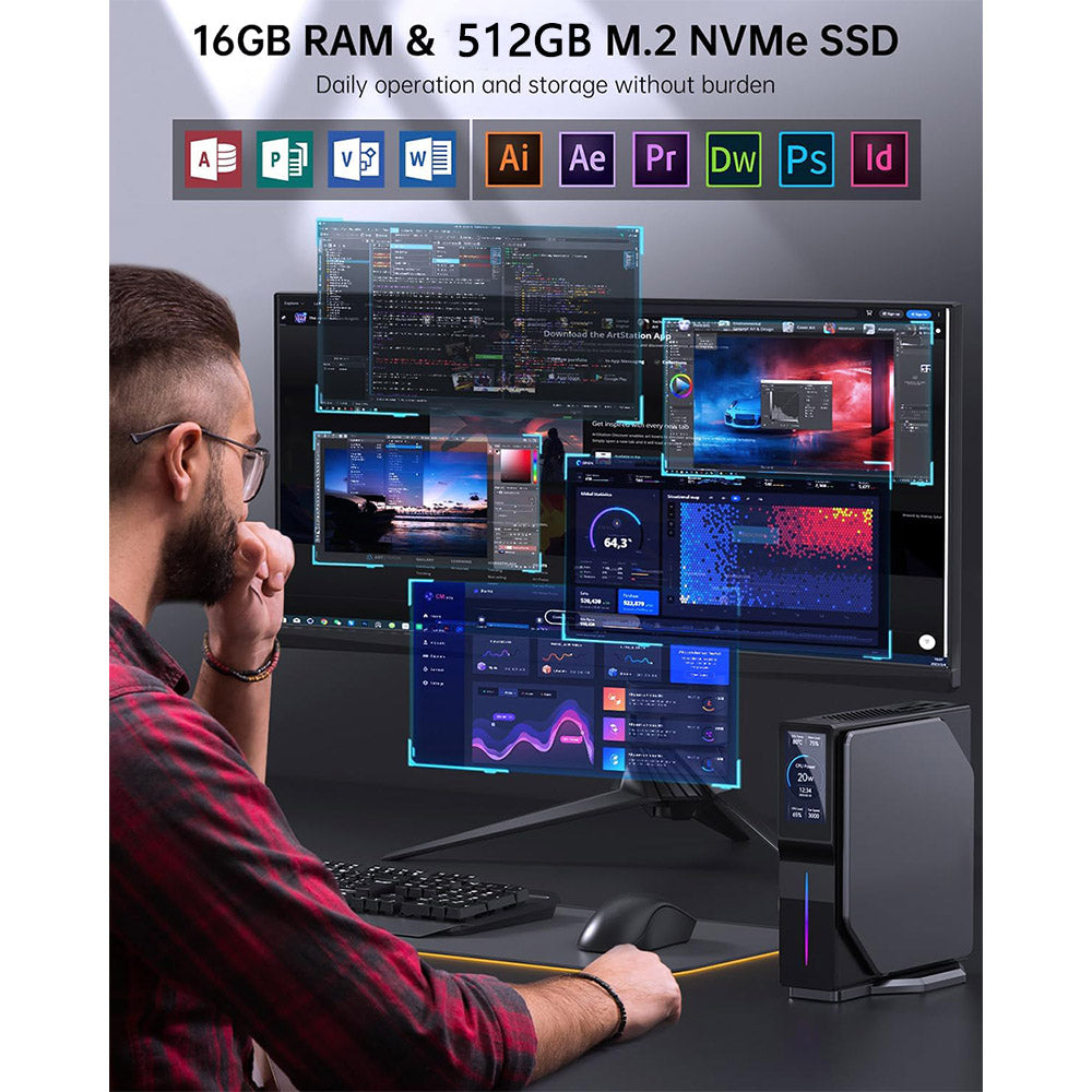 (2024 Upgraded Version) OUVIS S1 Mini PC with LCD Screen RGB Light, Intel Alder Lake N95 4 Cores Up to 3.4GHz, 16GB RAM 512GB SSD, 2*HDMI 2.0 4K HD Dual Display, WiFi 5 Bluetooth 4.2, 2*USB 3.0 2*USB 2.0 2*RJ45 - EU Plug