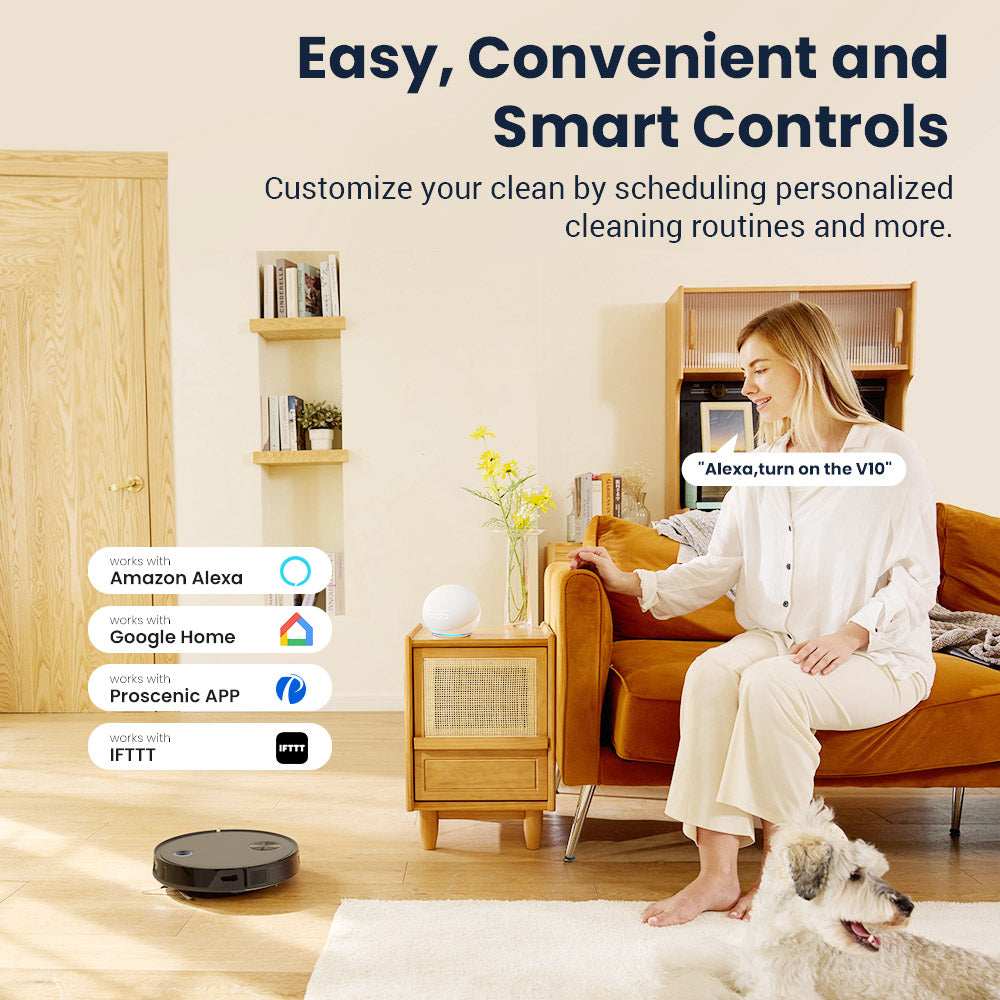 Proscenic V10 Robot Vacuum Cleaner 3 In 1 Vacuuming Sweeping and Mopping 3000pa Vibrating Mopping System LDS Navigation 240ml Dust Bin 2600mAh Battery 120Mins Runtime Smart APP & Alexa Control - Black