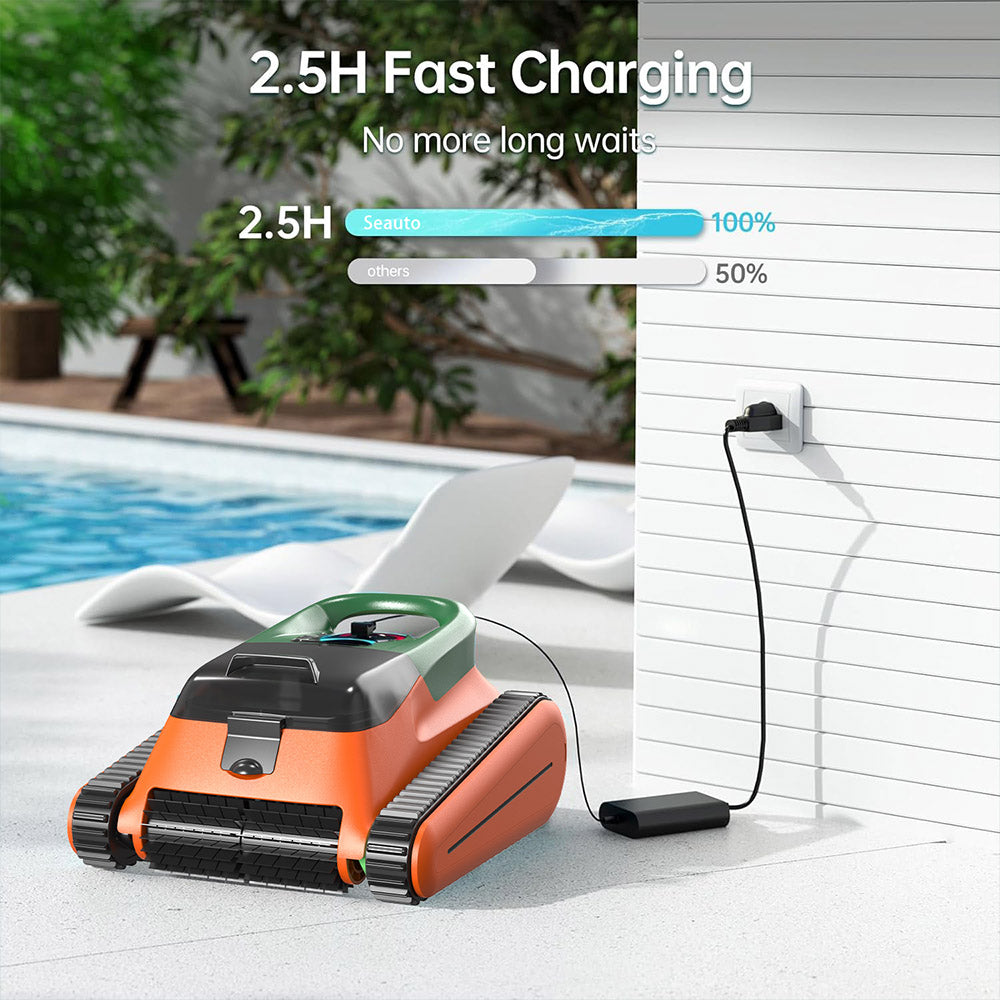 Seauto Crab Cordless Robotic Pool Cleaner(2025 Upgraded), Up to 2.5H Runtime, 3.5L Large Filter Basket, Wall Climbing, Waterline Cleaning, 2.5H Fast Charging, Suitable for 2000sq.ft Area - Orange