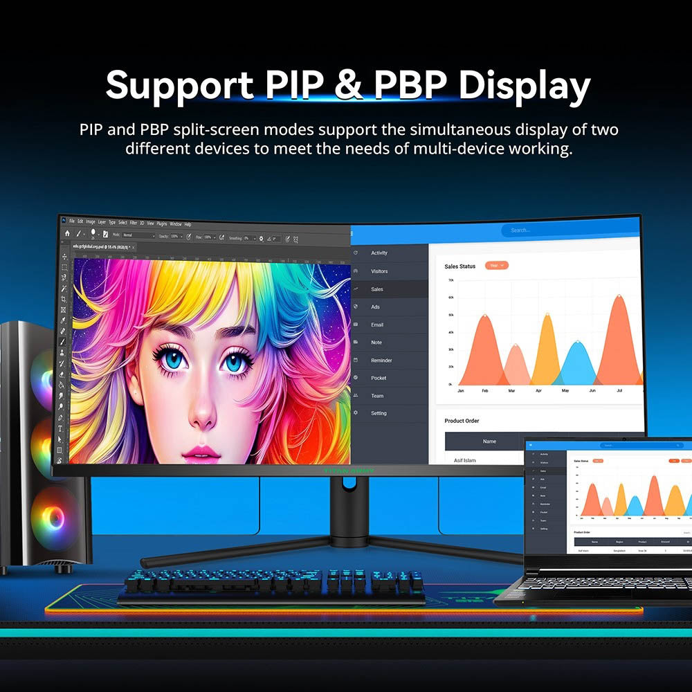 TITAN ARMY C34CHR Gaming Monitor, 34-inch 1500R 3440x1440 WQHD Curved Screen, 165Hz Refresh Rate, 1ms MPRT, Adaptive Sync, 99% sRGB, Support PIP & PBP Display, E-sports Backlight, Tilt Adjustment Wall Mount, Low Blue Light