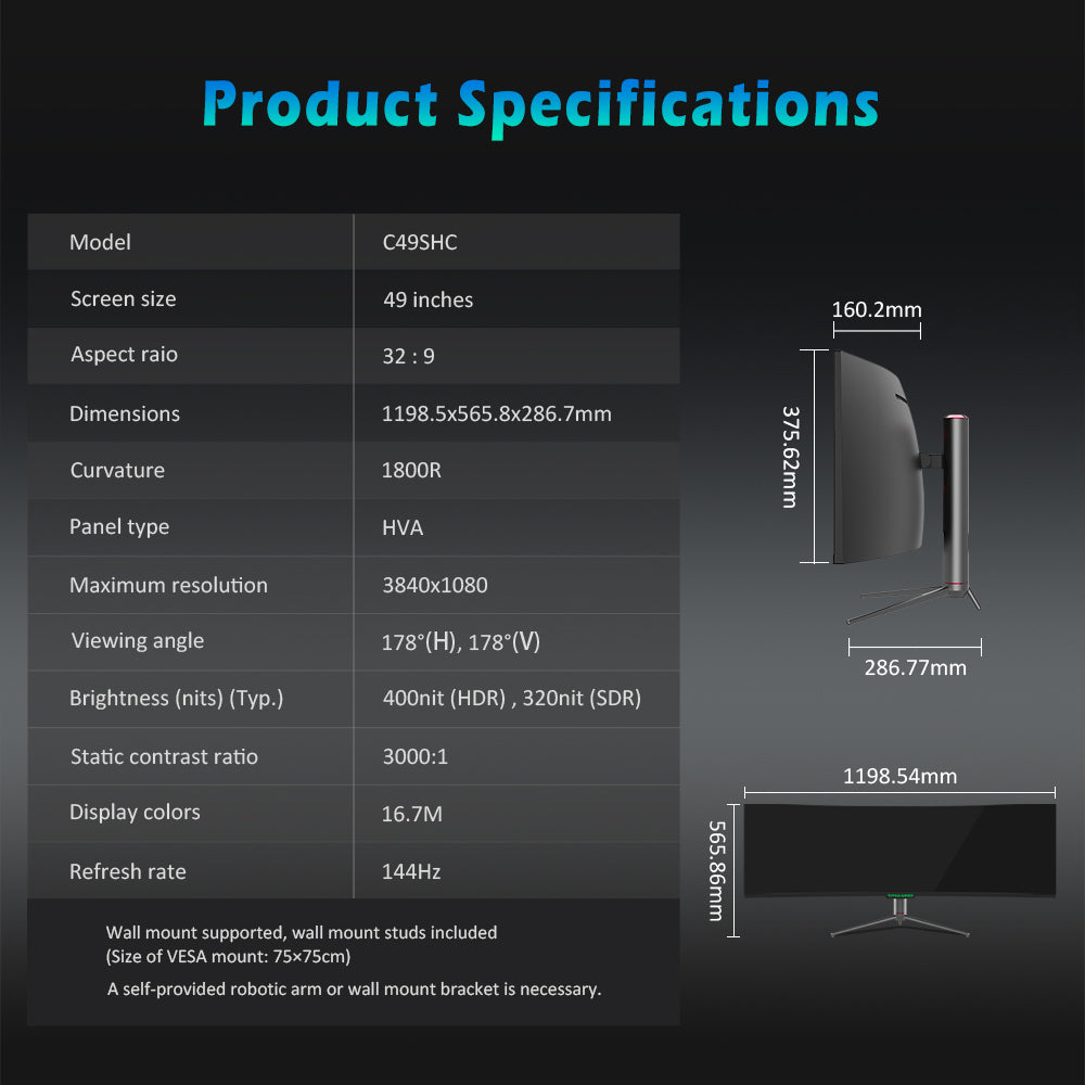 TITAN ARMY C49SHC 49-inch Gaming Monitor, 3840*1080 CSOT HVA Panel, 32:9 Oversized Curved Screen, 144Hz High Refresh Rate, Smart PIP/PBP Split Screen, Adaptive-Sync, 1*HDMI 2.0 1*DP 1.4 1*Full-Feature USB-C 1*USB-B 2*USB-A, 65W Reverse Charging