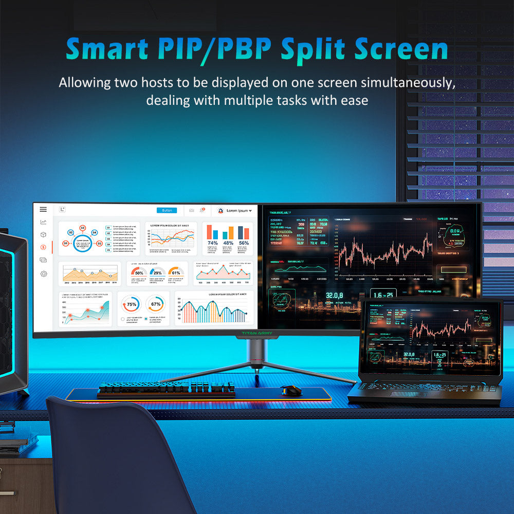 TITAN ARMY C49SHC 49-inch Gaming Monitor, 3840*1080 CSOT HVA Panel, 32:9 Oversized Curved Screen, 144Hz High Refresh Rate, Smart PIP/PBP Split Screen, Adaptive-Sync, 1*HDMI 2.0 1*DP 1.4 1*Full-Feature USB-C 1*USB-B 2*USB-A, 65W Reverse Charging