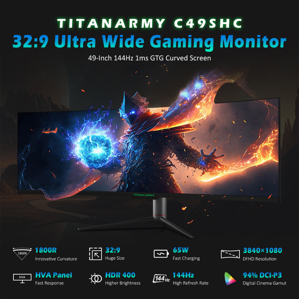 TITAN ARMY C49SHC 49-inch Gaming Monitor, 3840*1080 CSOT HVA Panel, 32:9 Oversized Curved Screen, 144Hz High Refresh Rate, Smart PIP/PBP Split Screen, Adaptive-Sync, 1*HDMI 2.0 1*DP 1.4 1*Full-Feature USB-C 1*USB-B 2*USB-A, 65W Reverse Charging