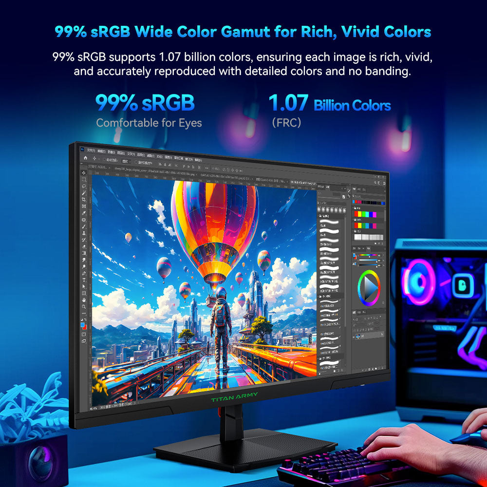 TITAN ARMY P27GR Gaming Monitor, 27-inch 2560*1440 16:9 Fast IPS Screen, 180Hz Refresh Rate, 1ms GTG, 99% sRGB, HDR10, Adaptive-Sync, Gaming Mode, Dynamic OD, PBP & PIP Display, Low Blue Light, Adjustable Tilt, VESA Wall Mounting