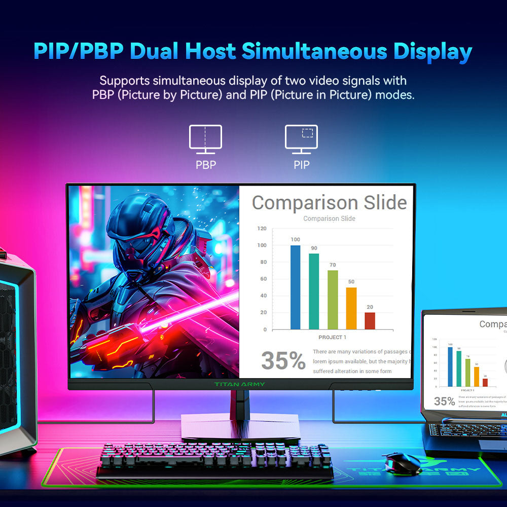 TITAN ARMY P27GR Gaming Monitor, 27-inch 2560*1440 16:9 Fast IPS Screen, 180Hz Refresh Rate, 1ms GTG, 99% sRGB, HDR10, Adaptive-Sync, Gaming Mode, Dynamic OD, PBP & PIP Display, Low Blue Light, Adjustable Tilt, VESA Wall Mounting