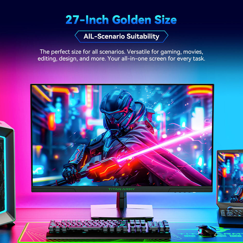 TITAN ARMY P27GR Gaming Monitor, 27-inch 2560*1440 16:9 Fast IPS Screen, 180Hz Refresh Rate, 1ms GTG, 99% sRGB, HDR10, Adaptive-Sync, Gaming Mode, Dynamic OD, PBP & PIP Display, Low Blue Light, Adjustable Tilt, VESA Wall Mounting