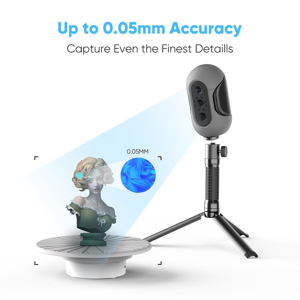 3DMakerpro Mole 3D Scanner Premium Edition, 0.05mm Accuracy, 0.1mm Resolution, 10fps Frame Rate, Visual Tracking, Facial Scanning, Anti-Shake, 200x100mm Single Capture Range, with Turntable