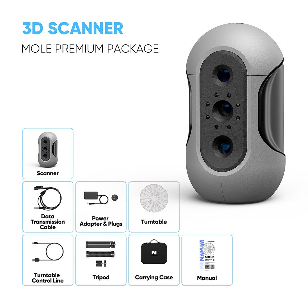 3DMakerpro Mole 3D Scanner Premium Edition, 0.05mm Accuracy, 0.1mm Resolution, 10fps Frame Rate, Visual Tracking, Facial Scanning, Anti-Shake, 200x100mm Single Capture Range, with Turntable