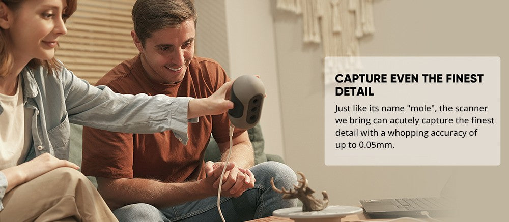 3DMakerpro Mole Standard 3D Scanner, 0.05mm Accuracy, 0.1mm Resolution, 150-400mm Work Distance, with Multi-Spectral Technology, Support Facial Scanning