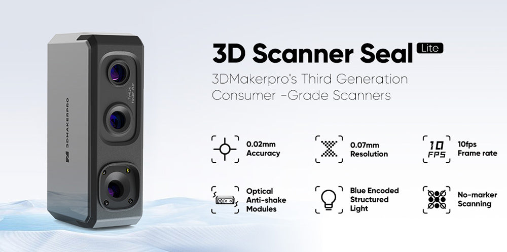 3DMakerpro Seal Lite 3D Scanner, 0.02mm Accuracy, 0.07mm Resolution, Anti-shake Lenses, 10fps Frame, Visual Tracking