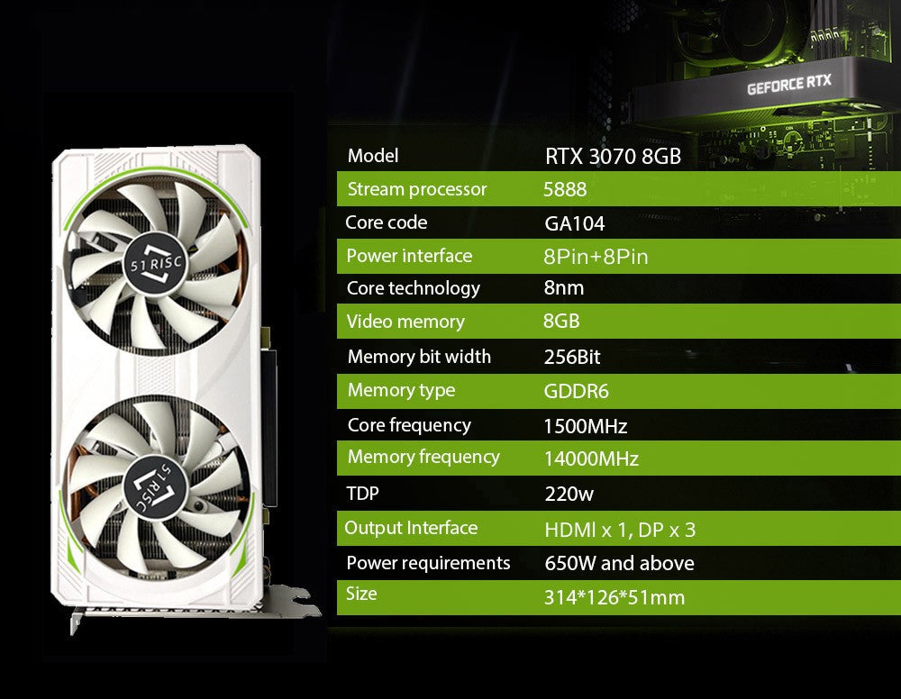51RISC Graphics Card RTX3070 8GB NVIDIA GPU 12Pin GDDR6 256bit HDMI*1 DP*3 PCI-E 4.0 x16 rtx3070 8GB Gaming Video Card