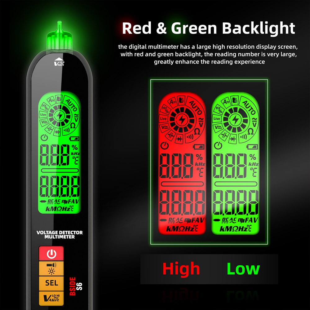 BSIDE S6 Voltage Detector Multimeter Voltage Detector Pen AC/DC Voltage Tester - Black