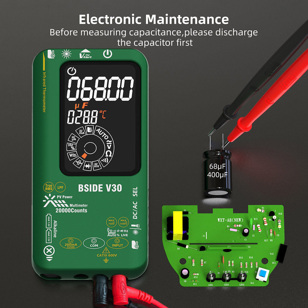 BSIDE V30 Photovoltaic Multimeter, High Voltage 1500V, T-RMS, 20000 Counts, LCD Screen, Electronic Maintenance, DC Current Test, Infrared Temperature Measurement