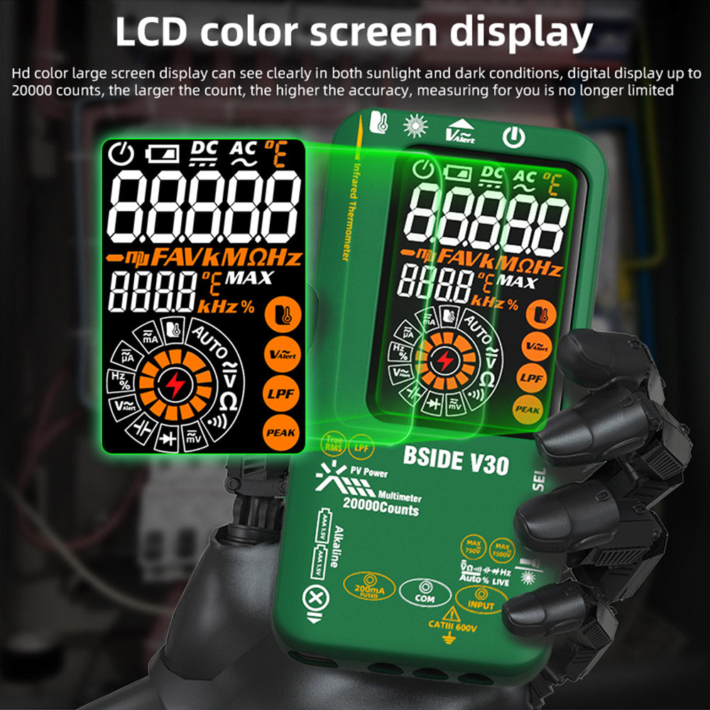 BSIDE V30 Photovoltaic Multimeter, High Voltage 1500V, T-RMS, 20000 Counts, LCD Screen, Electronic Maintenance, DC Current Test, Infrared Temperature Measurement
