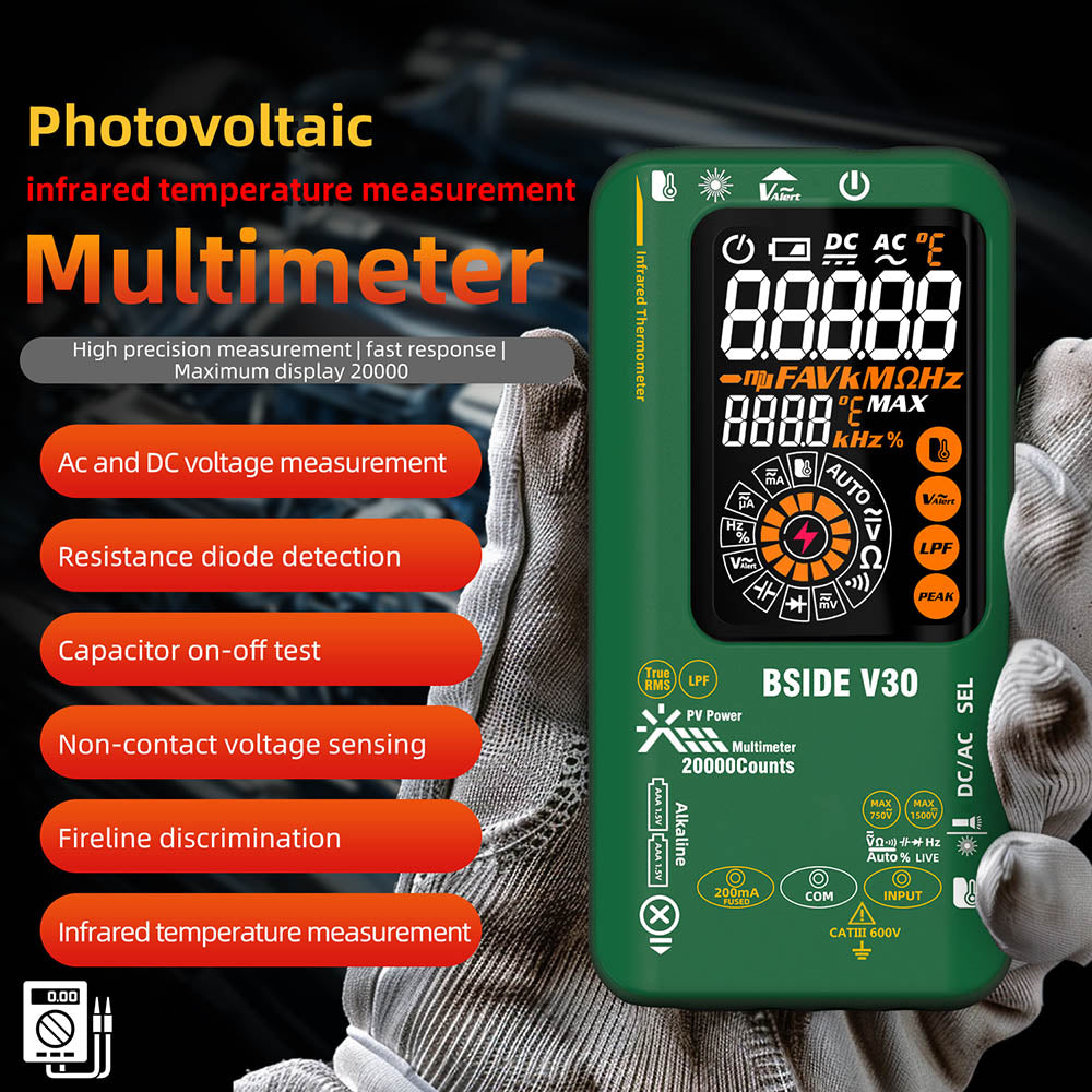 BSIDE V30 Photovoltaic Multimeter, High Voltage 1500V, T-RMS, 20000 Counts, LCD Screen, Electronic Maintenance, DC Current Test, Infrared Temperature Measurement