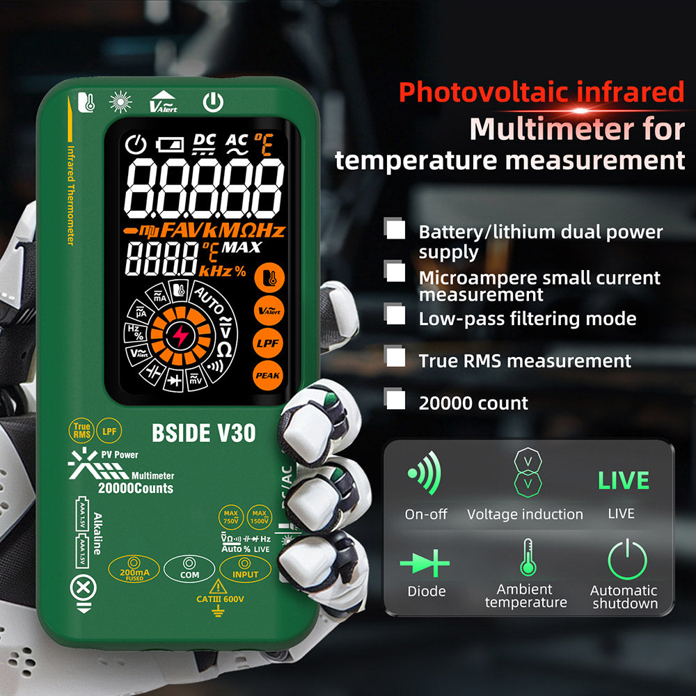 BSIDE V30 Photovoltaic Multimeter, High Voltage 1500V, T-RMS, 20000 Counts, LCD Screen, Electronic Maintenance, DC Current Test, Infrared Temperature Measurement