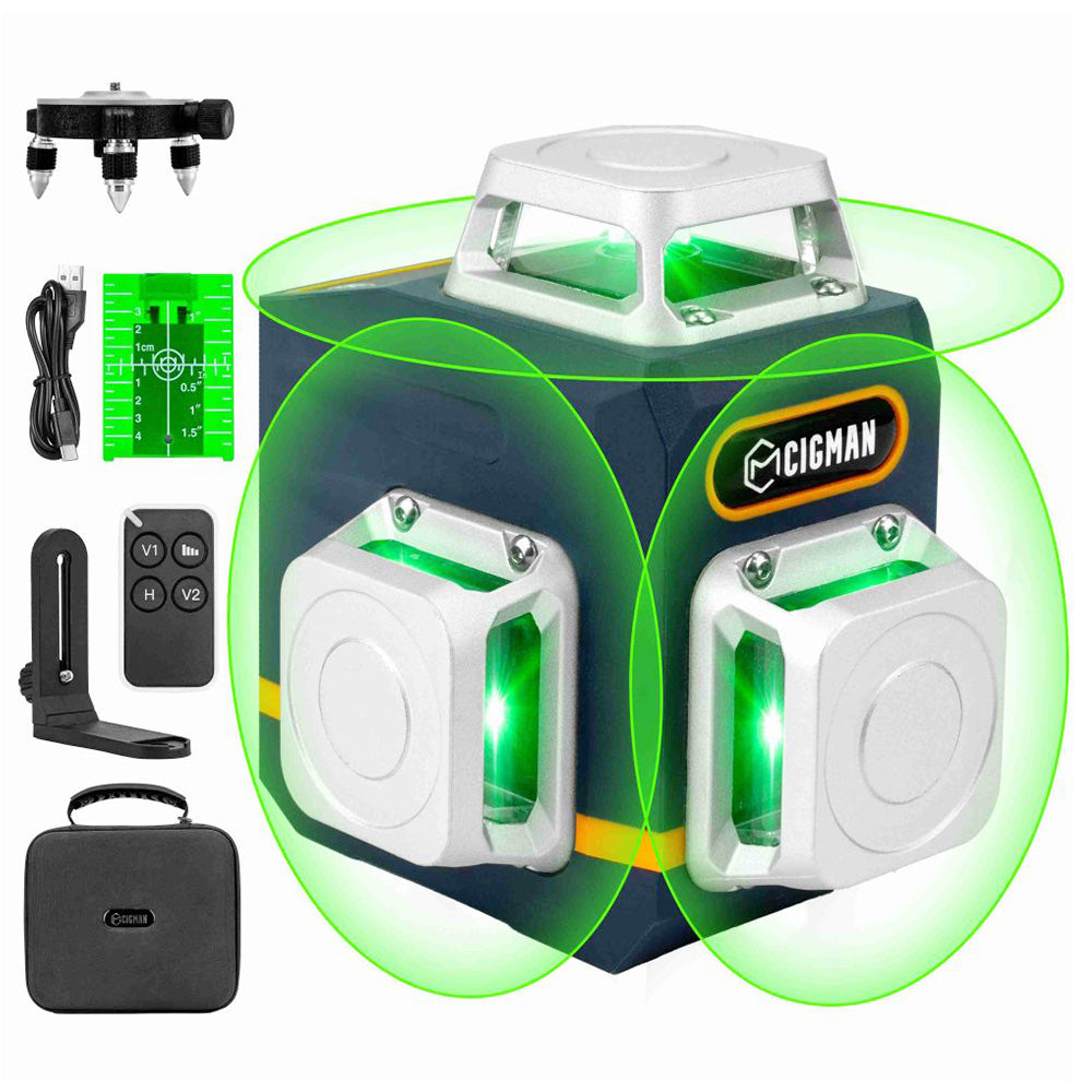 CIGMAN CM-701 3x360&#176; Self Leveling Laser Level, 100ft 3D Green Cross Line, Rechargeable Battery, Remote Control