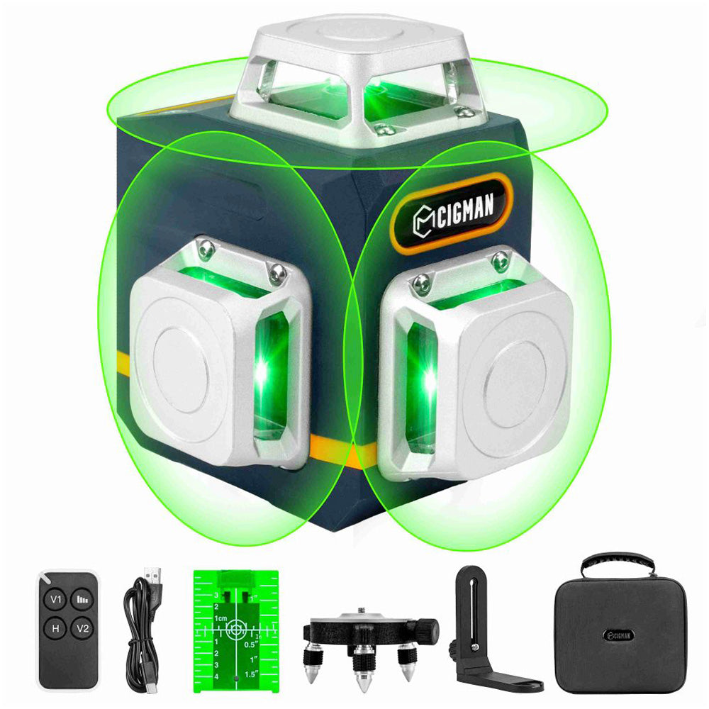 CIGMAN CM-701 3x360&#176; Self Leveling Laser Level, 100ft 3D Green Cross Line, Rechargeable Battery, Remote Control