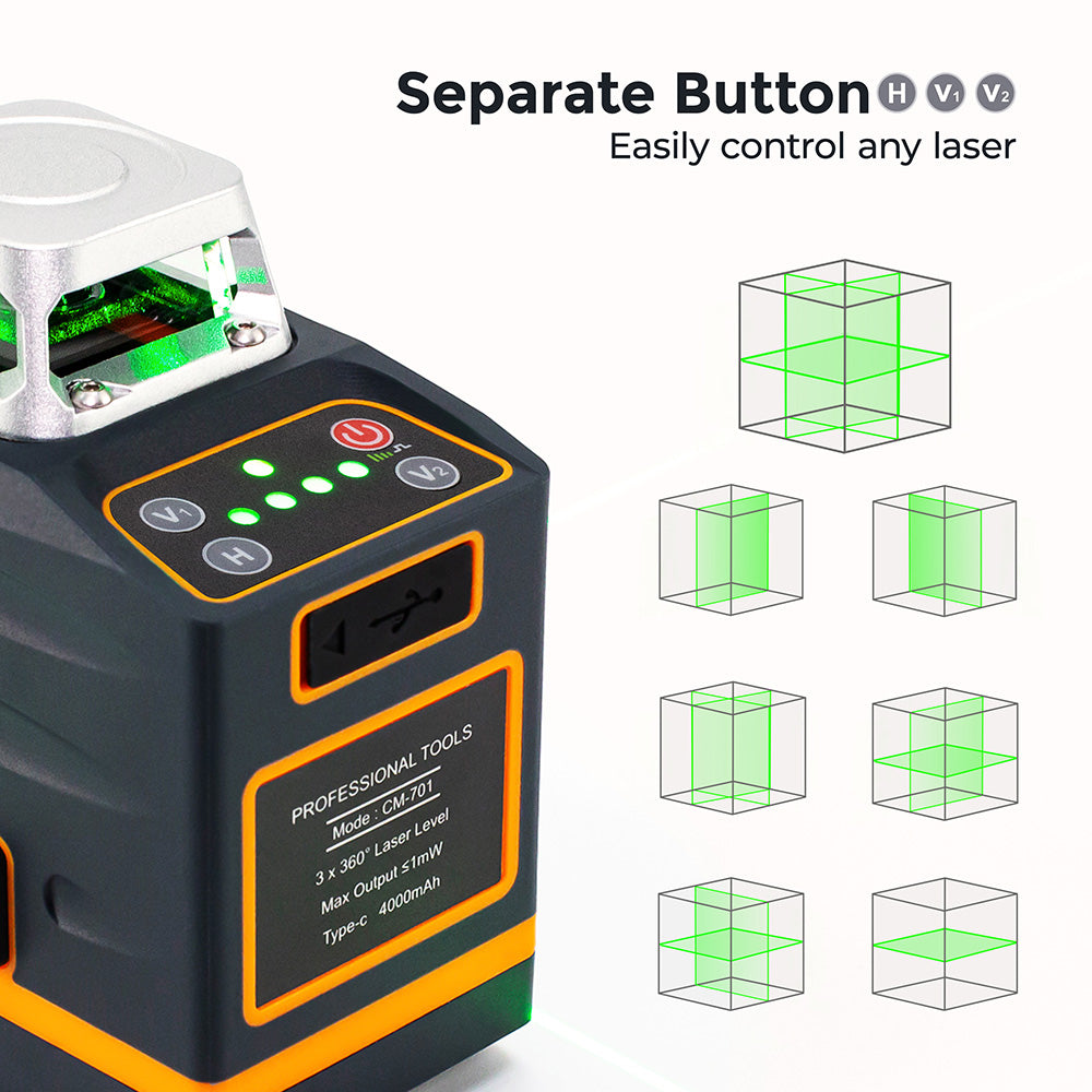 CIGMAN CM-701 3x360&#176; Self Leveling Laser Level, 100ft 3D Green Cross Line, Rechargeable Battery, Remote Control