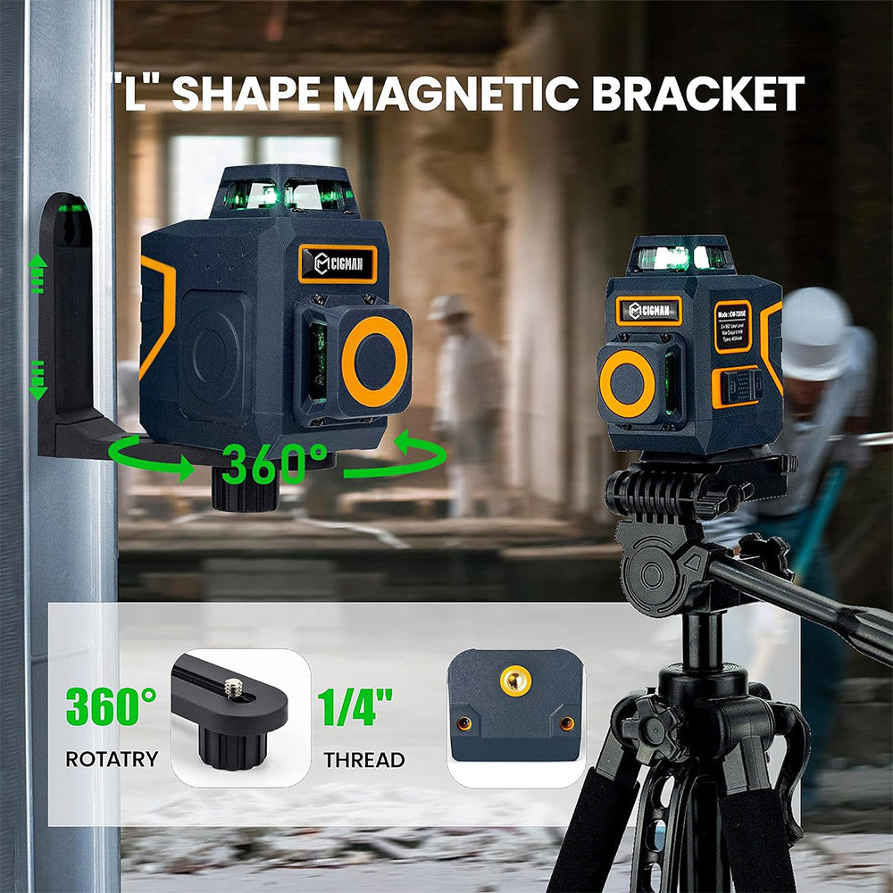 CIGMAN CM-720SE 2x360&#176; 8 Lines Laser Level, Green Cross Line, Self Leveling, IP54 Drip &amp; Dust Proof, with Type-C Rechargeable, Magnetic L-Shaped Base