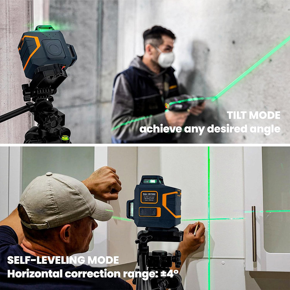 CIGMAN CM-720SE 2x360&#176; 8 Lines Laser Level, Green Cross Line, Self Leveling, IP54 Drip &amp; Dust Proof, with Type-C Rechargeable, Magnetic L-Shaped Base