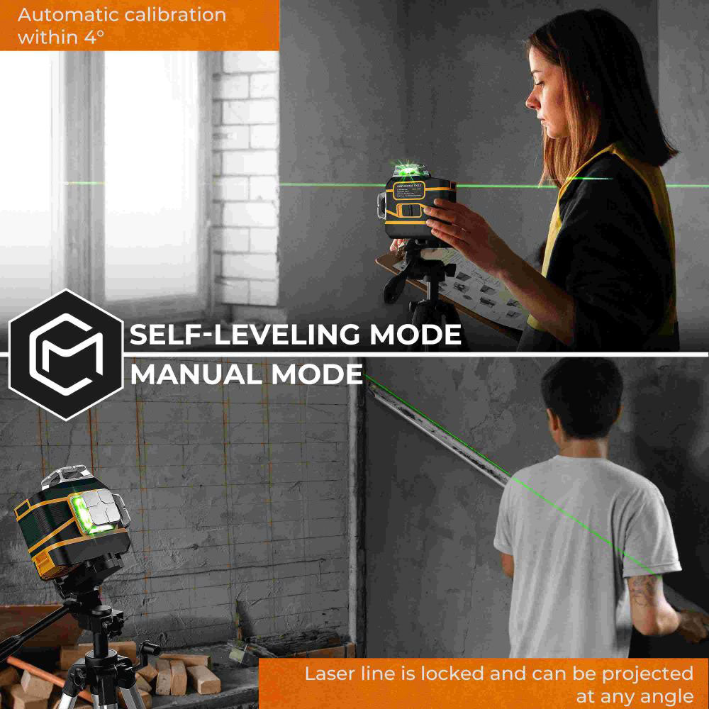 CIGMAN CM-801 3x360&#176; Self Leveling Laser Level, 3D Green Cross Line, IP54, with Dual Rechargeable Batteries, Remote Controller and Magnetic L-Shaped Bracket