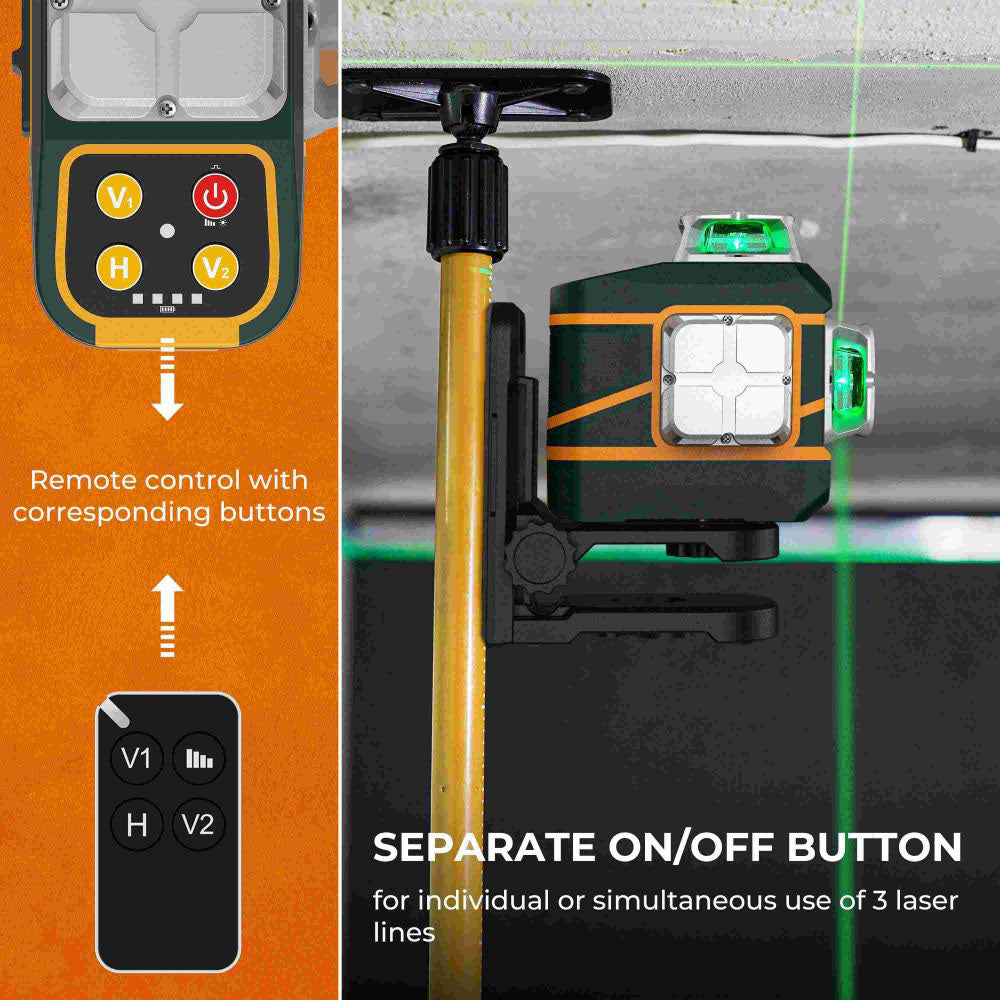 CIGMAN CM-801 3x360&#176; Self Leveling Laser Level, 3D Green Cross Line, IP54, with Dual Rechargeable Batteries, Remote Controller and Magnetic L-Shaped Bracket