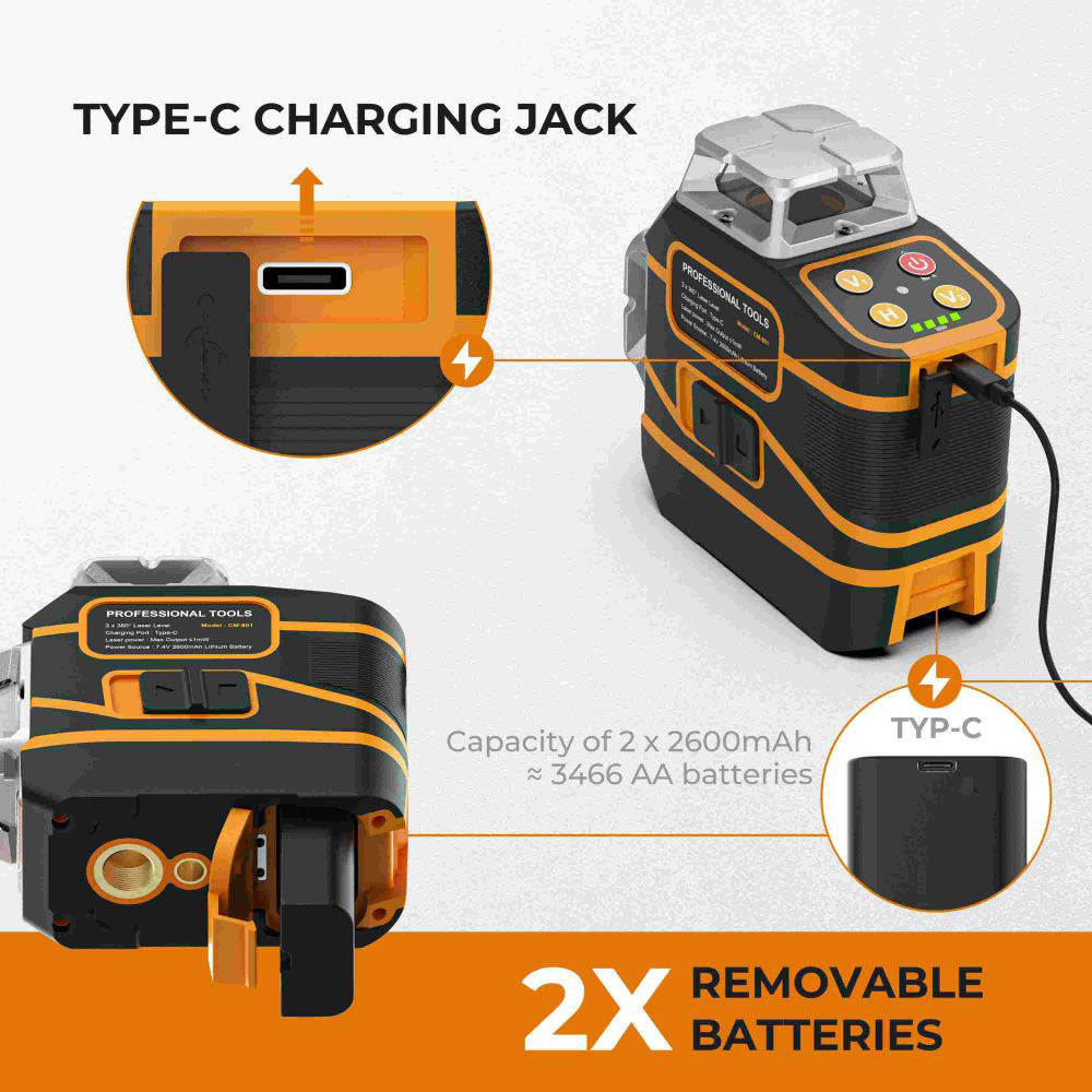 CIGMAN CM-801 3x360&#176; Self Leveling Laser Level, 3D Green Cross Line, IP54, with Dual Rechargeable Batteries, Remote Controller and Magnetic L-Shaped Bracket