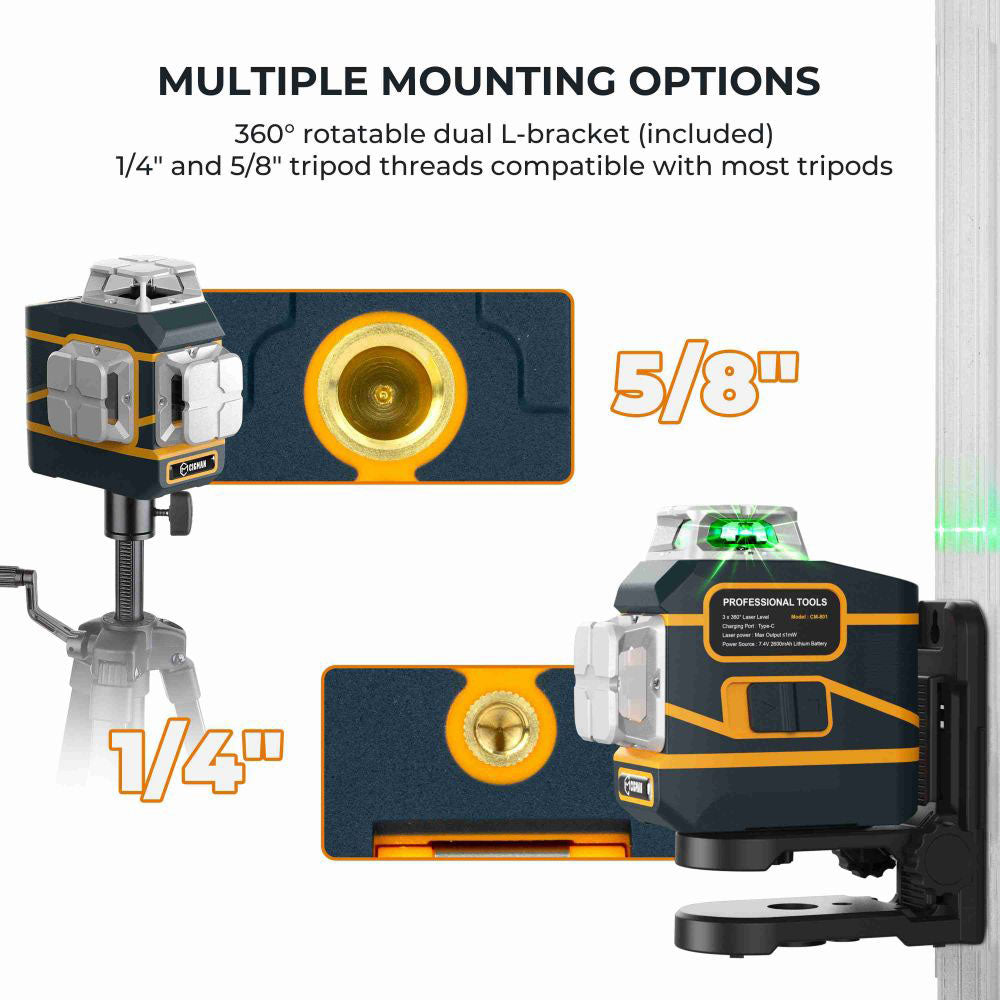 CIGMAN CM-801 3x360&#176; Self Leveling Laser Level, 3D Green Cross Line, IP54, with Dual Rechargeable Batteries, Remote Controller and Magnetic L-Shaped Bracket