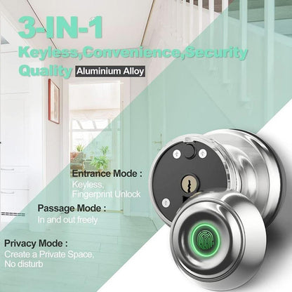 Geek Chef GeekTale K01-05 Smart Door Knob, Biometric Fingerprint Door Lock, App Control, Emergency Backup Keys - Silver