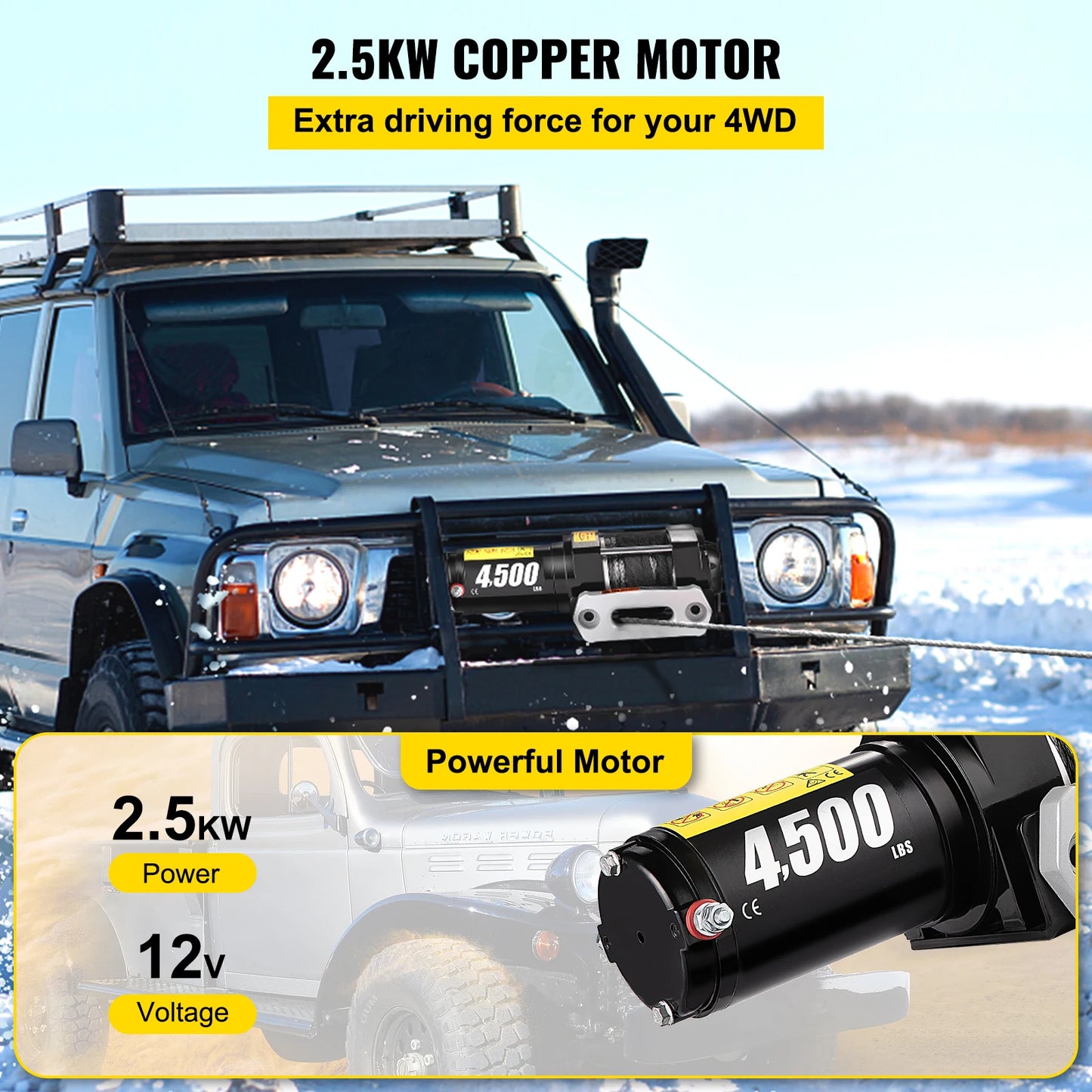Cabrestante eléctrico VEVOR de 12 V y 4500 lb para remolque de coche sintético 4x4 de 12,9 m, correa de remolque con control inalámbrico para ATV, camión todoterreno