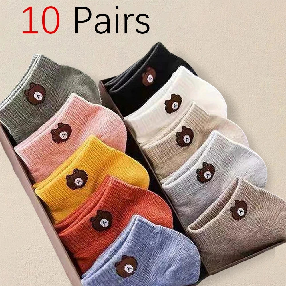 10 Pairs Women Low Socks Set With Cute Bear Pattern Fashionable Women Casual Versatile Style Comfortable Breathable Short Socks