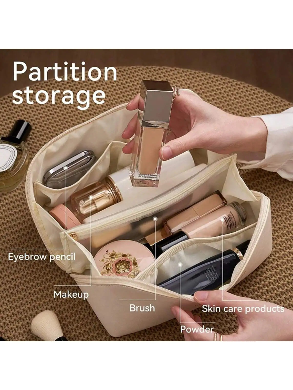 Bolsa de maquillaje de viaje portátil, impermeable, con almohada de cuero PU para mujer, bolsa de maquillaje de mano para que las mujeres la lleven.