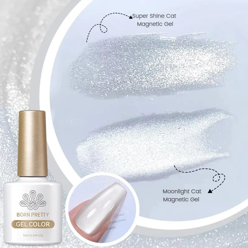 BORN PRETTY 2 esmaltes de gel magnéticos Moonlight Cat de 10 ml con barra magnética, efecto nieve, rosa y plateado, efecto brillo reflectante.