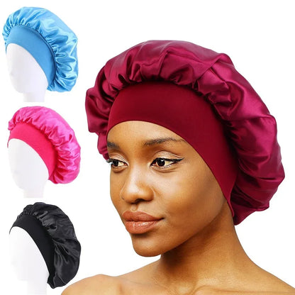 Nuevo gorro de dormir de ala ancha de satén liso para mujer, gorro unisex con banda elástica, gorro para el cuidado del cabello, gorro de noche