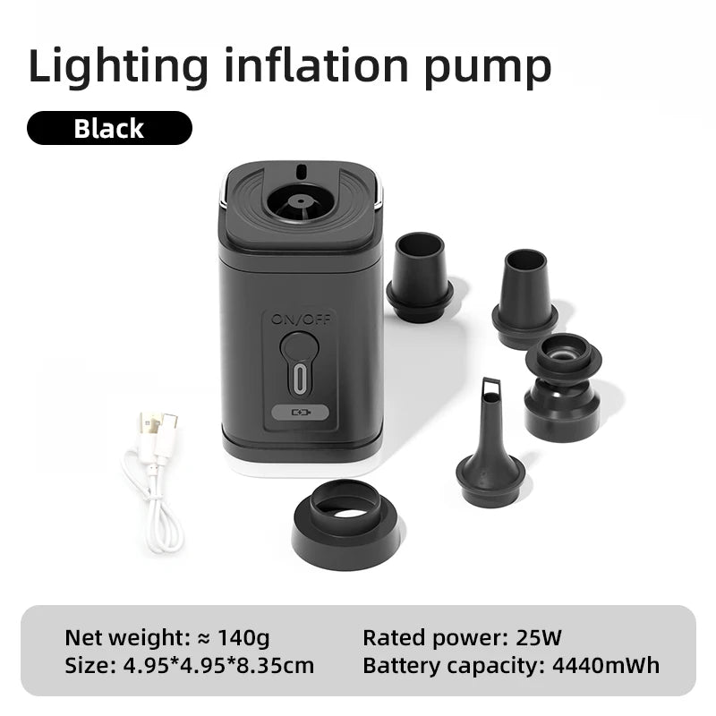 Bomba de aire eléctrica 3 en 1 con luces, minicompresor de aire inalámbrico, carga USB, inflador/desinflador para acampar al aire libre.