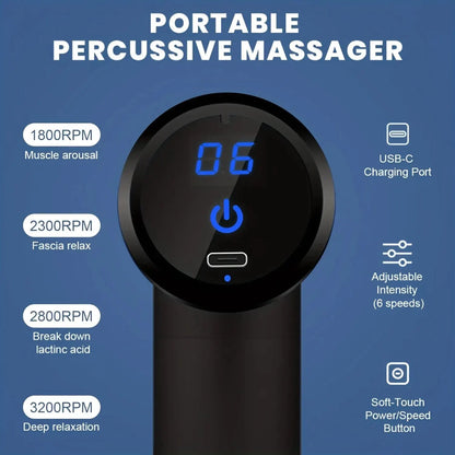 Pistola de masaje facial portátil, masajeador de percusión eléctrico, relajación corporal con pantalla táctil LED y 4 cabezales reemplazables.