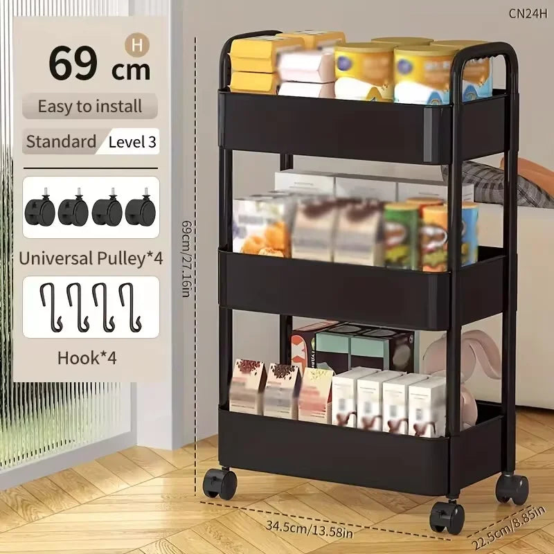 1 PC 3-Layer Rolling Plastic Storage Cart with Armrests - Space-Efficient Multi-Room Organizer, Matte Finish