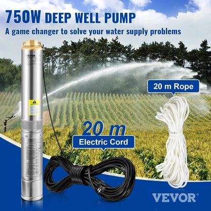Bomba sumergible para pozo profundo VEVOR de 750 W, cable eléctrico de 20 m y 7,6 cm, de acero inoxidable, para riego industrial y uso doméstico.