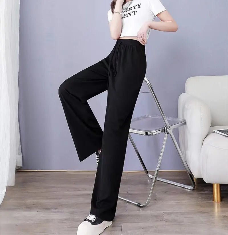 Pantalones anchos de seda helada para mujer, pantalón informal, holgado, de cintura alta, color negro, para primavera y verano, 2024