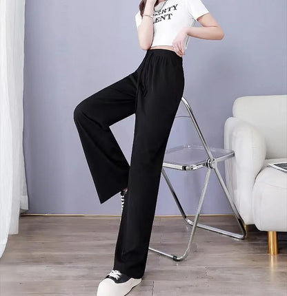 Pantalones anchos de seda helada para mujer, pantalón informal, holgado, de cintura alta, color negro, para primavera y verano, 2024