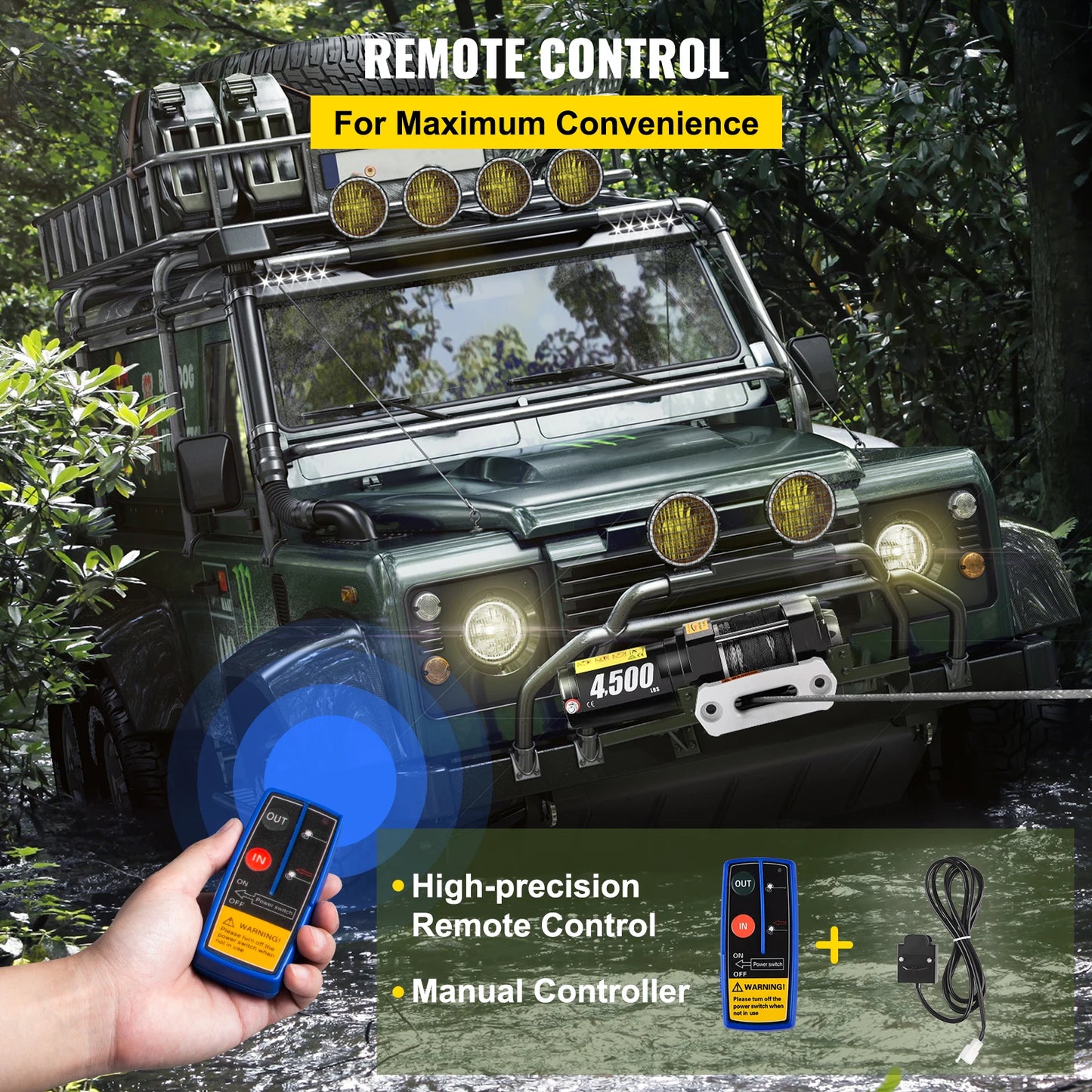 Cabrestante eléctrico VEVOR de 12 V y 4500 lb para remolque de coche sintético 4x4 de 12,9 m, correa de remolque con control inalámbrico para ATV, camión todoterreno