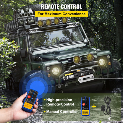 Cabrestante eléctrico VEVOR de 12 V y 4500 lb para remolque de coche sintético 4x4 de 12,9 m, correa de remolque con control inalámbrico para ATV, camión todoterreno