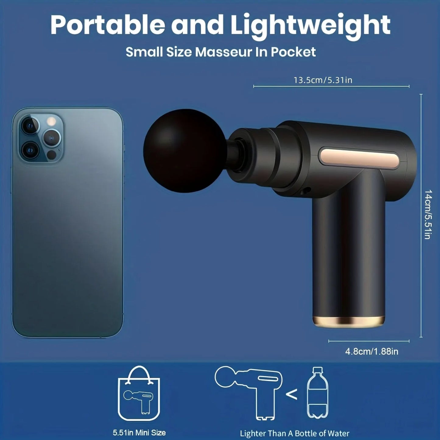 Pistola de masaje facial portátil, masajeador de percusión eléctrico, relajación corporal con pantalla táctil LED y 4 cabezales reemplazables.
