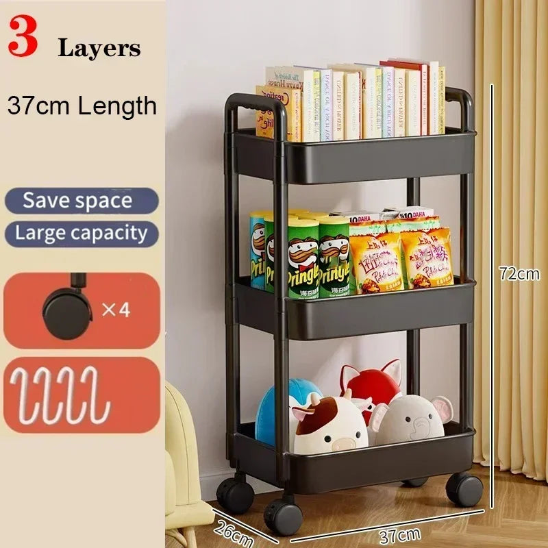 3/4/5 Tier Rolling Utility Cart with Hooks Book Storage Rack with Brakes Easy Assembly for Kitchen, Office, Bathroom