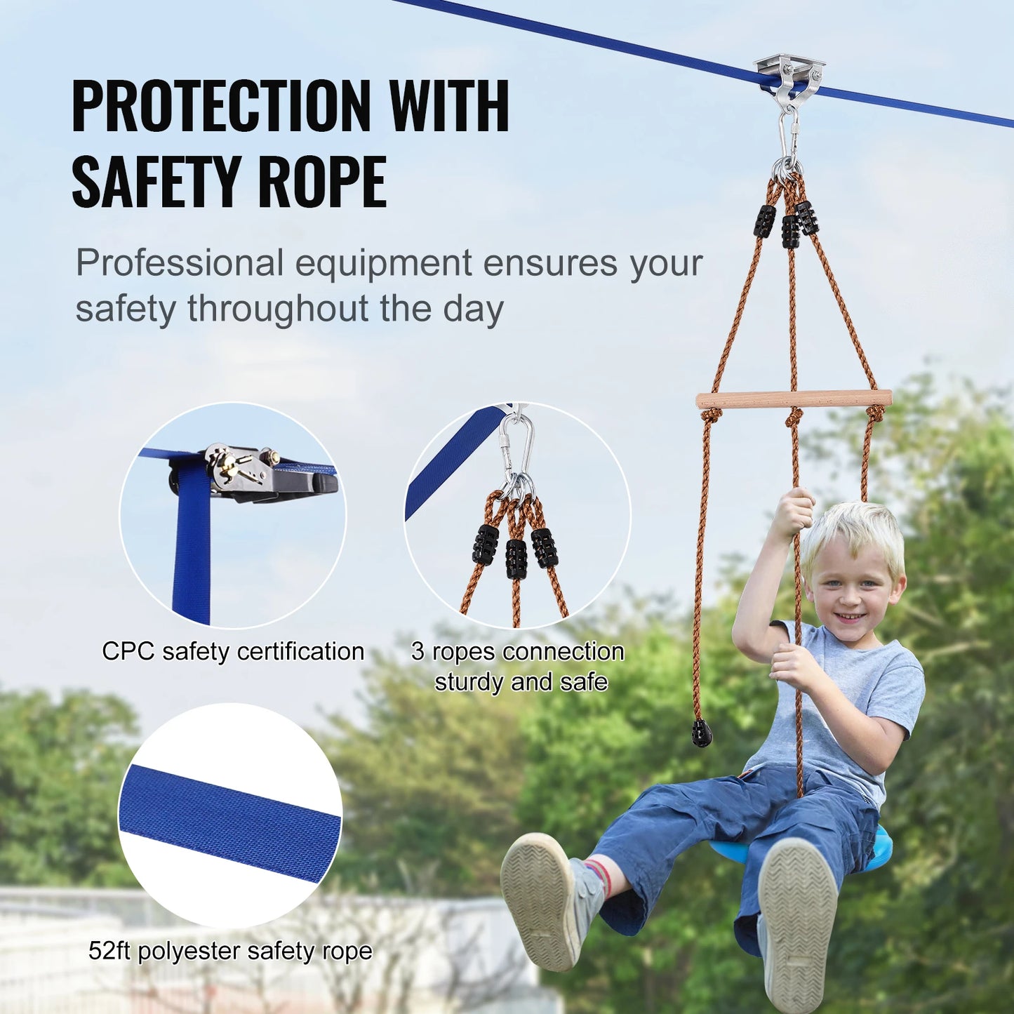 Kit de tirolesa VEVOR para niños y adultos, kit de tirolesa de 15,8 m, hasta 226 kg, para exteriores, configuración rápida, asiento y manillar de tirolesa
