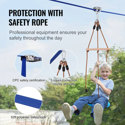 Kit de tirolesa VEVOR para niños y adultos, kit de tirolesa de 15,8 m, hasta 226 kg, para exteriores, configuración rápida, asiento y manillar de tirolesa