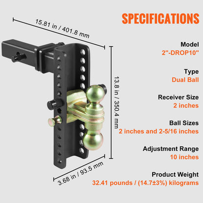 VEVOR - Enganche de remolque ajustable con bola de montaje, receptor de 2'' y receptor de 6'', bola de remolque de acero de tubo sólido para remolque de camiones