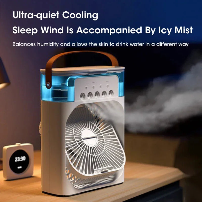 Humidificador portátil 3 en 1, ventilador de aire acondicionado, USB, luz LED nocturna, vaporizador de agua, divertido enfriador de aire, humidificador para el hogar.